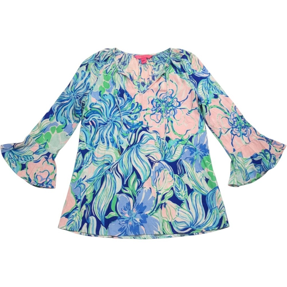 Lilly Pulitzer Elsa Silk Blouse XXS Blue Pink Floral Bell Sleeve Top